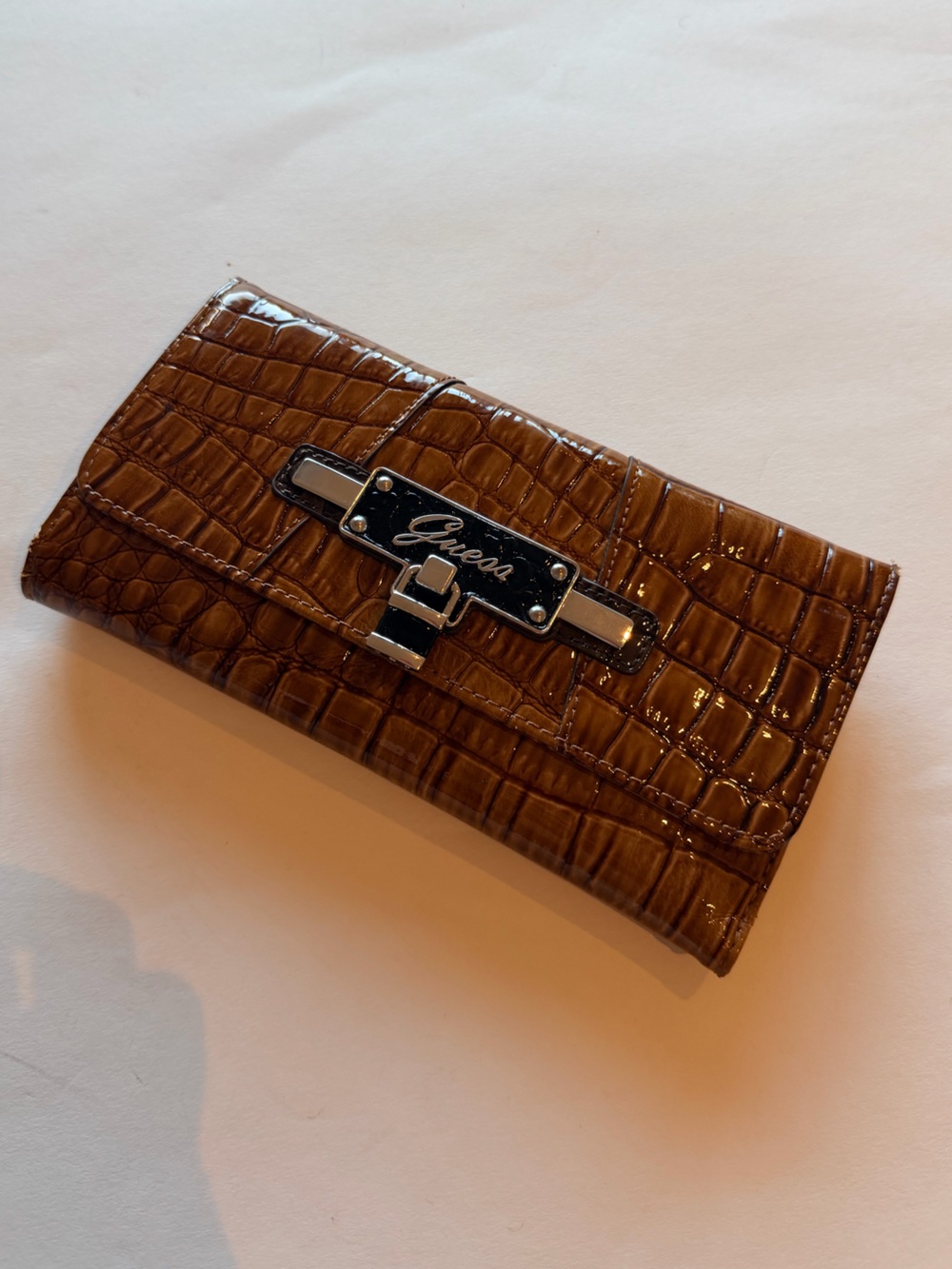 GUESS Brown Croc Embossed Patent Clutch Wallet